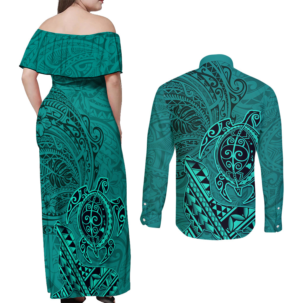 Hawaii Monk Seal and Dolphin Couples Matching Off Shoulder Maxi Dress and Long Sleeve Button Shirt Polynesian Kakau Pattern Turquoise LT03 - Polynesian Pride