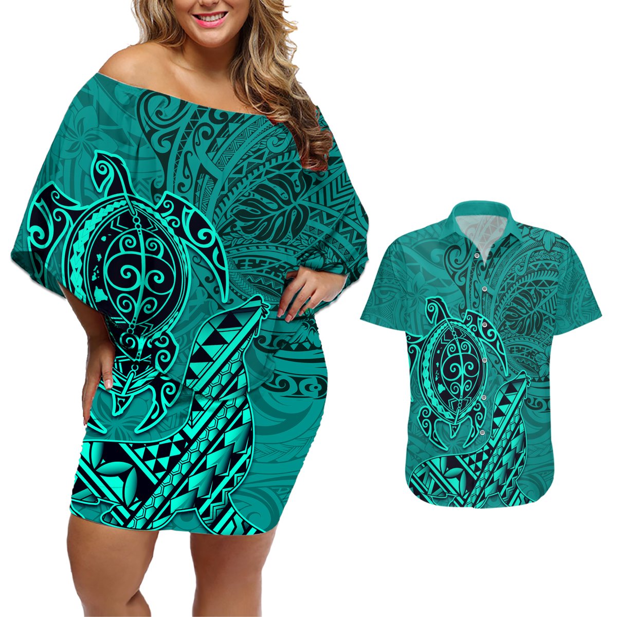 Hawaii Monk Seal and Dolphin Couples Matching Off Shoulder Short Dress and Hawaiian Shirt Polynesian Kakau Pattern Turquoise LT03 Turquoise - Polynesian Pride