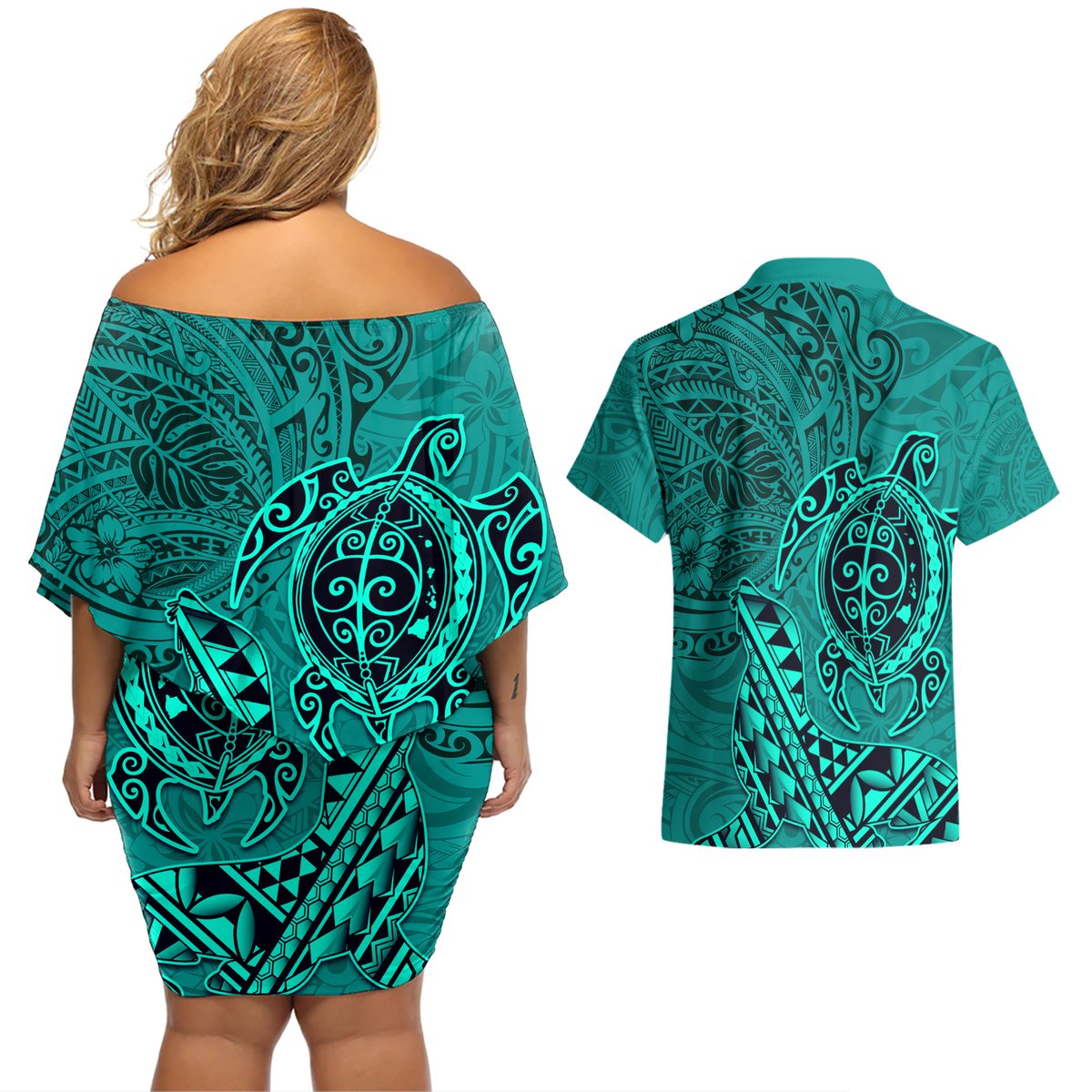 Hawaii Monk Seal and Dolphin Couples Matching Off Shoulder Short Dress and Hawaiian Shirt Polynesian Kakau Pattern Turquoise LT03 - Polynesian Pride