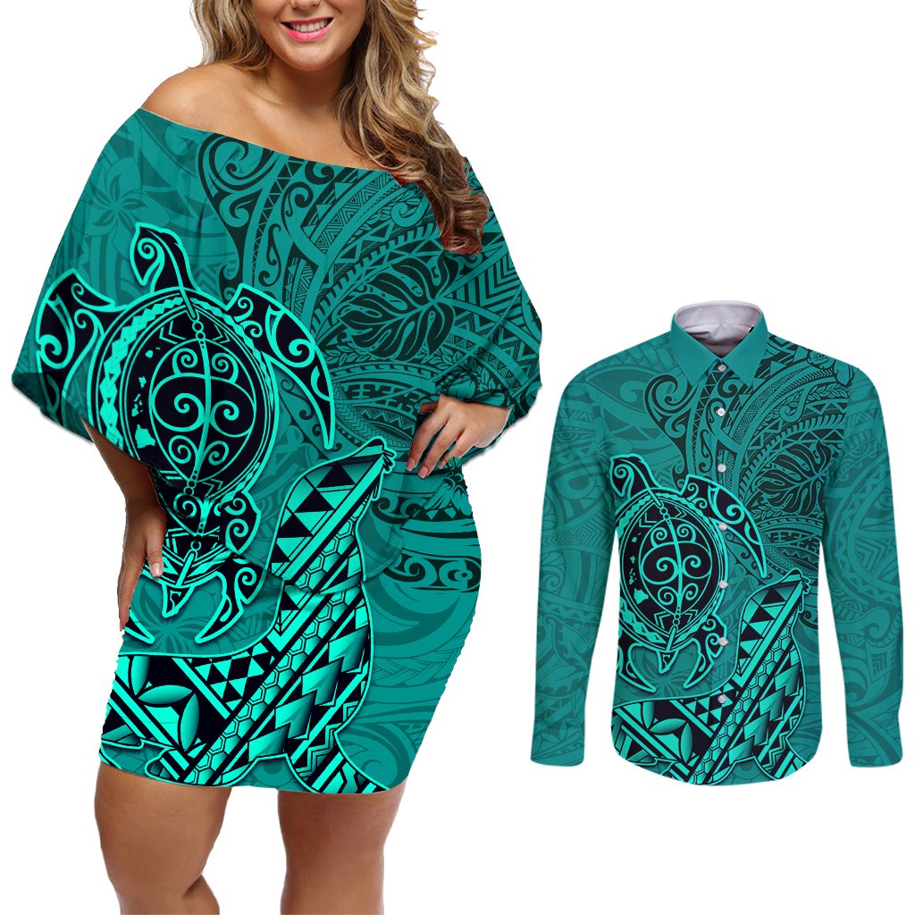 Hawaii Monk Seal and Dolphin Couples Matching Off Shoulder Short Dress and Long Sleeve Button Shirt Polynesian Kakau Pattern Turquoise LT03 Turquoise - Polynesian Pride