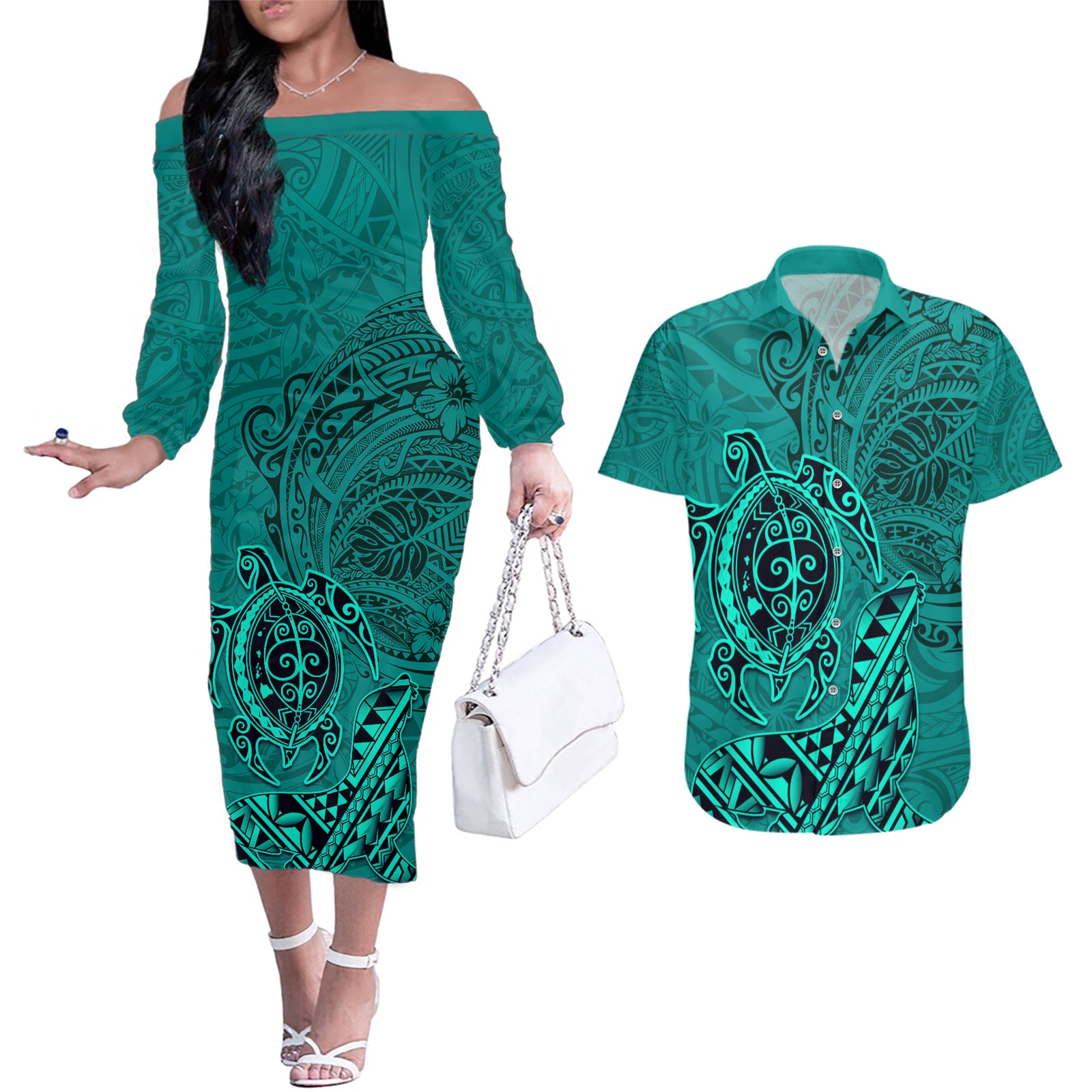 Hawaii Monk Seal and Dolphin Couples Matching Off The Shoulder Long Sleeve Dress and Hawaiian Shirt Polynesian Kakau Pattern Turquoise LT03 Turquoise - Polynesian Pride