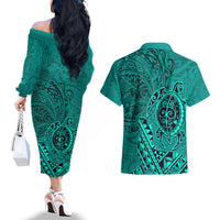 Hawaii Monk Seal and Dolphin Couples Matching Off The Shoulder Long Sleeve Dress and Hawaiian Shirt Polynesian Kakau Pattern Turquoise LT03 - Polynesian Pride