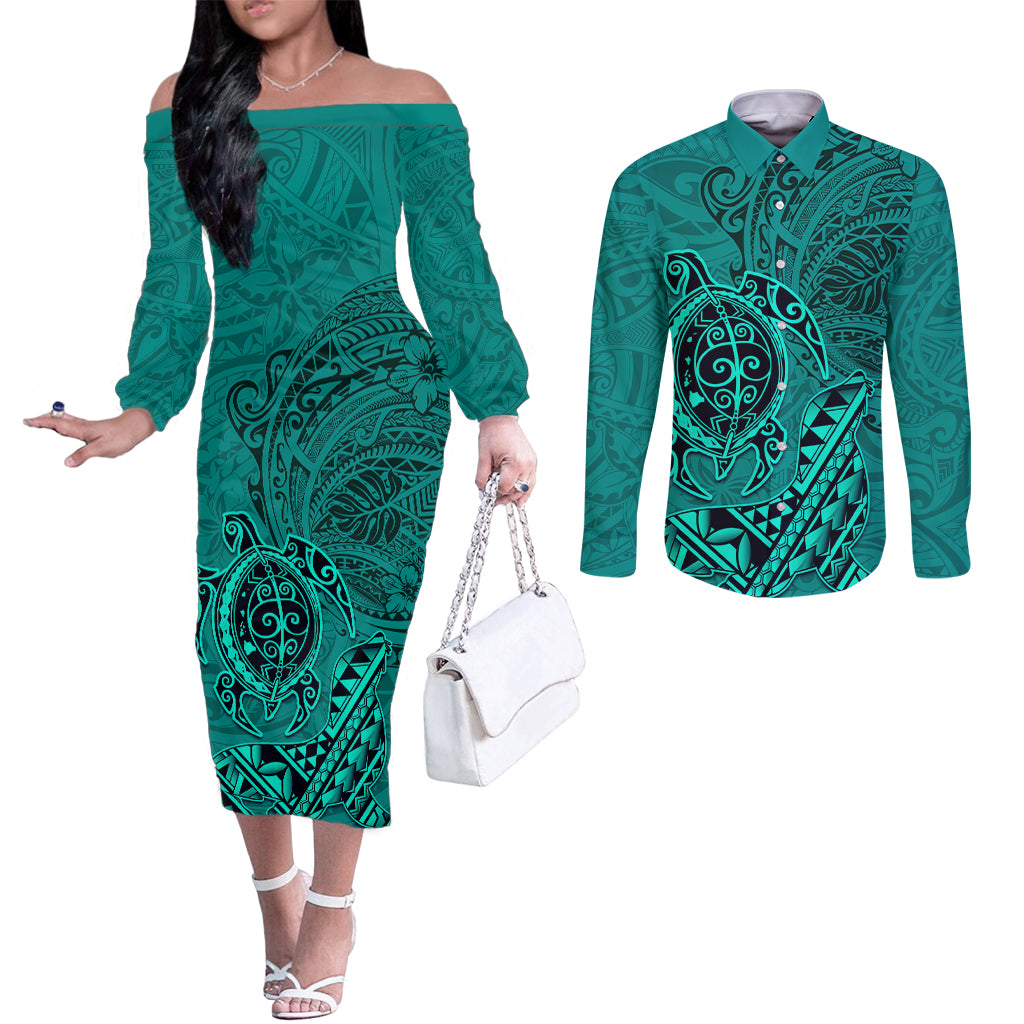 Hawaii Monk Seal and Dolphin Couples Matching Off The Shoulder Long Sleeve Dress and Long Sleeve Button Shirt Polynesian Kakau Pattern Turquoise LT03 Turquoise - Polynesian Pride