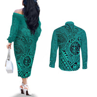 Hawaii Monk Seal and Dolphin Couples Matching Off The Shoulder Long Sleeve Dress and Long Sleeve Button Shirt Polynesian Kakau Pattern Turquoise LT03 - Polynesian Pride