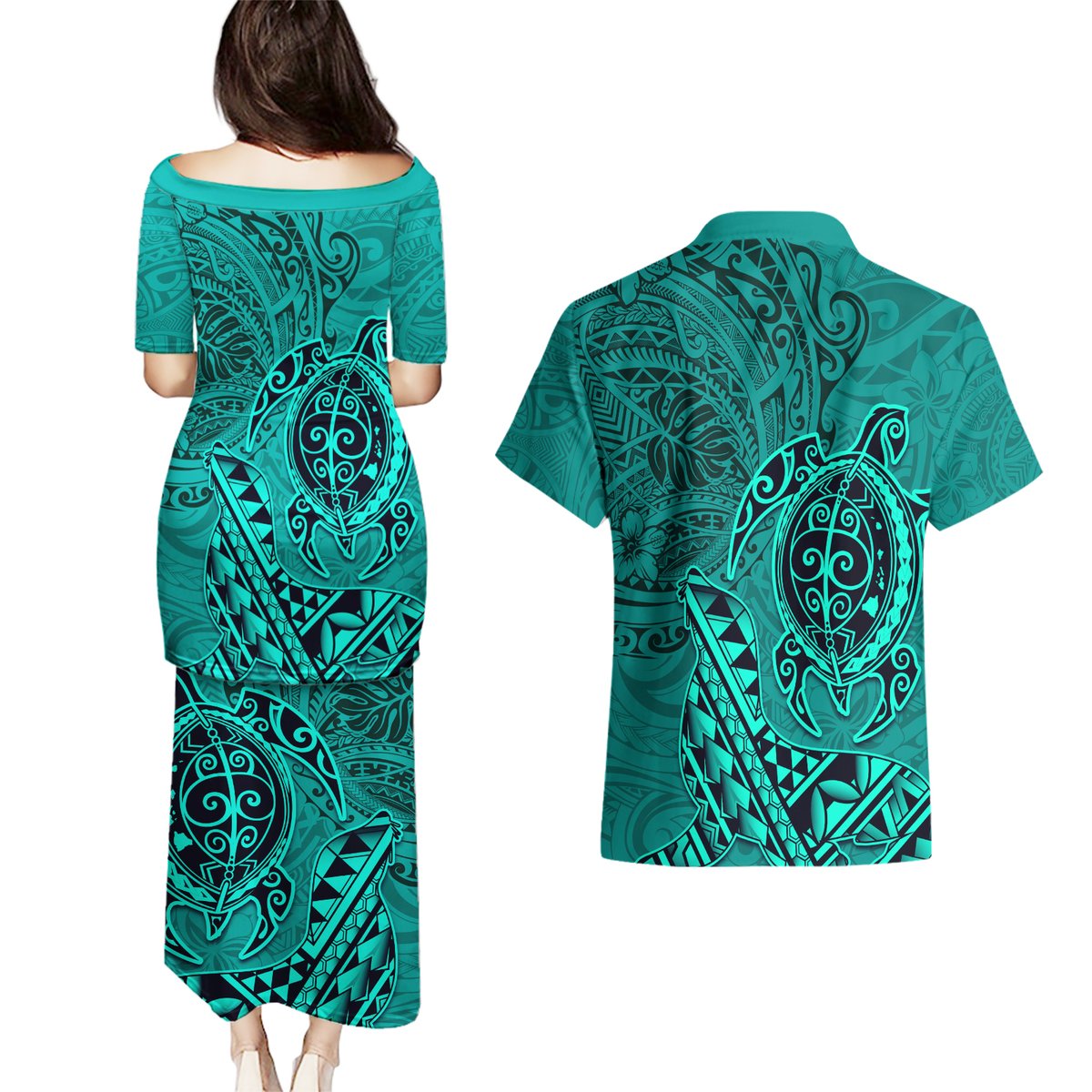 Hawaii Monk Seal and Dolphin Couples Matching Puletasi and Hawaiian Shirt Polynesian Kakau Pattern Turquoise LT03 - Polynesian Pride