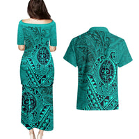 Hawaii Monk Seal and Dolphin Couples Matching Puletasi and Hawaiian Shirt Polynesian Kakau Pattern Turquoise LT03 - Polynesian Pride