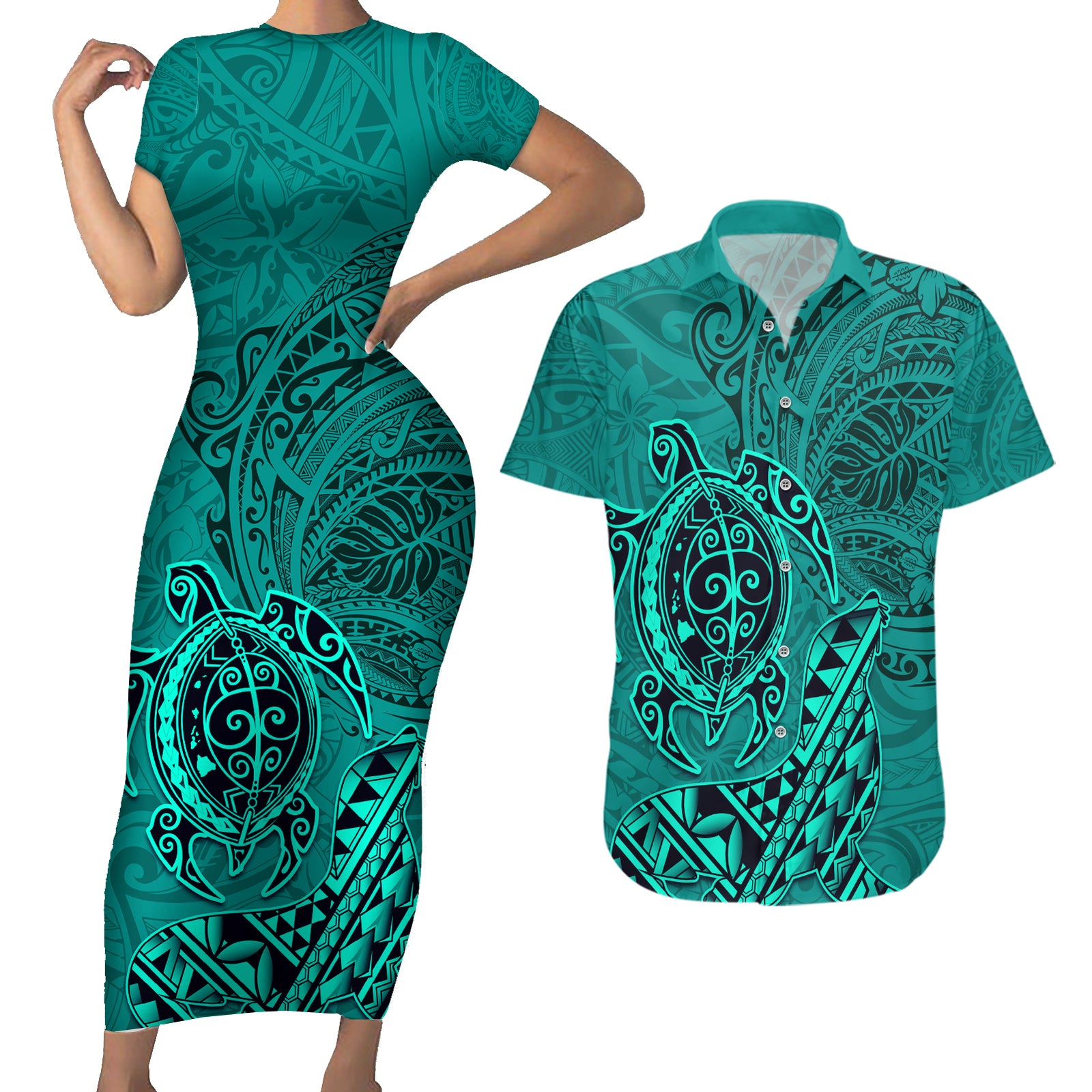 Hawaii Monk Seal and Dolphin Couples Matching Short Sleeve Bodycon Dress and Hawaiian Shirt Polynesian Kakau Pattern Turquoise LT03 Turquoise - Polynesian Pride