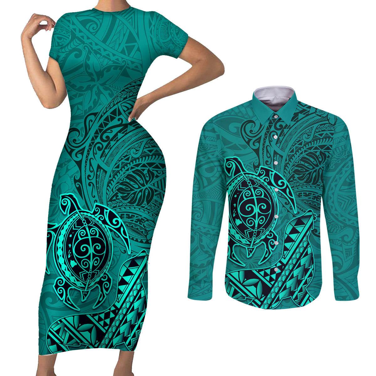 Hawaii Monk Seal and Dolphin Couples Matching Short Sleeve Bodycon Dress and Long Sleeve Button Shirt Polynesian Kakau Pattern Turquoise LT03 Turquoise - Polynesian Pride