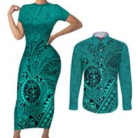 Hawaii Monk Seal and Dolphin Couples Matching Short Sleeve Bodycon Dress and Long Sleeve Button Shirt Polynesian Kakau Pattern Turquoise LT03 Turquoise - Polynesian Pride