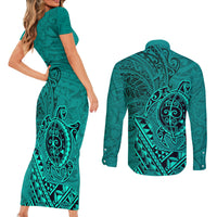Hawaii Monk Seal and Dolphin Couples Matching Short Sleeve Bodycon Dress and Long Sleeve Button Shirt Polynesian Kakau Pattern Turquoise LT03 - Polynesian Pride