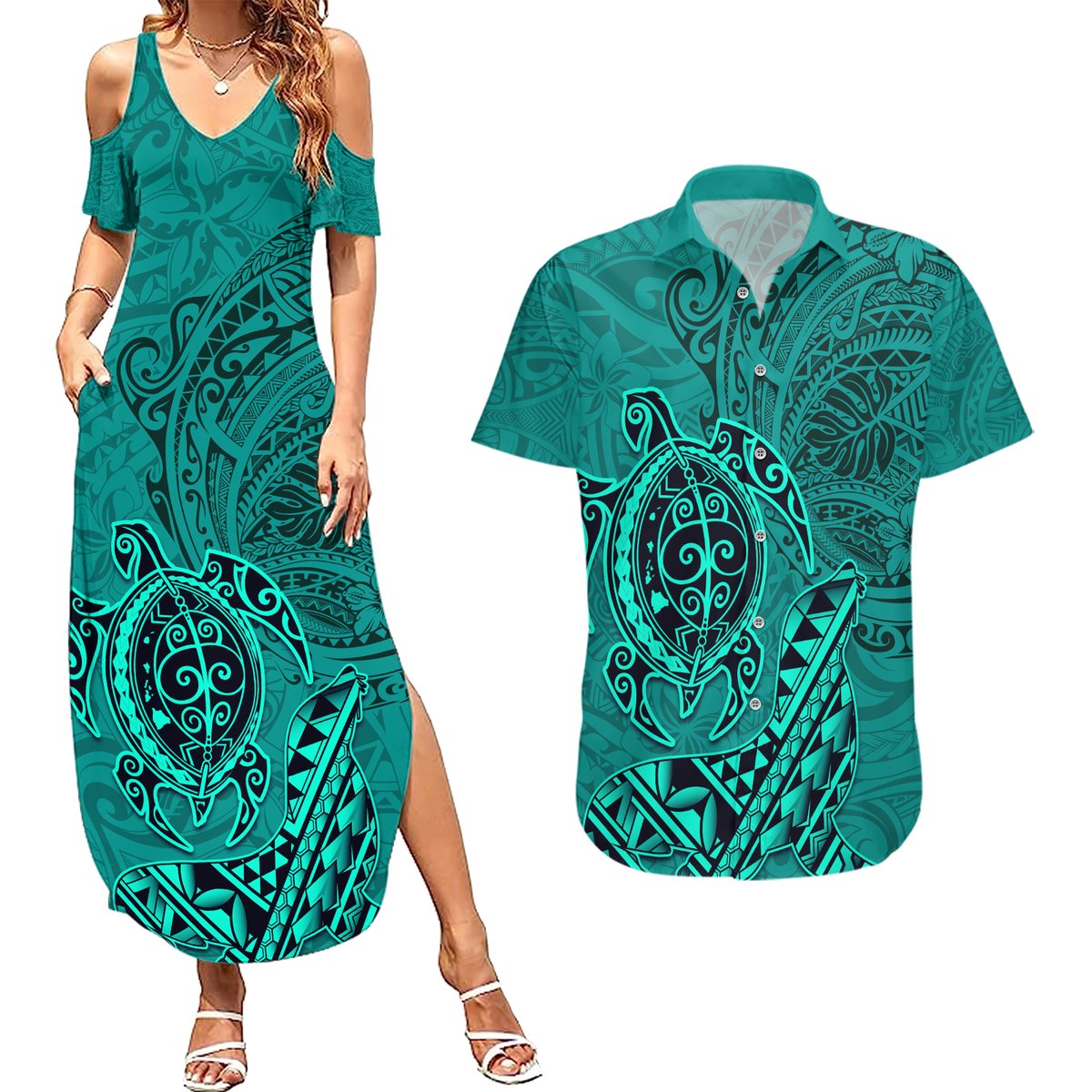 Hawaii Monk Seal and Dolphin Couples Matching Summer Maxi Dress and Hawaiian Shirt Polynesian Kakau Pattern Turquoise LT03 Turquoise - Polynesian Pride
