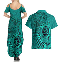 Hawaii Monk Seal and Dolphin Couples Matching Summer Maxi Dress and Hawaiian Shirt Polynesian Kakau Pattern Turquoise LT03 - Polynesian Pride