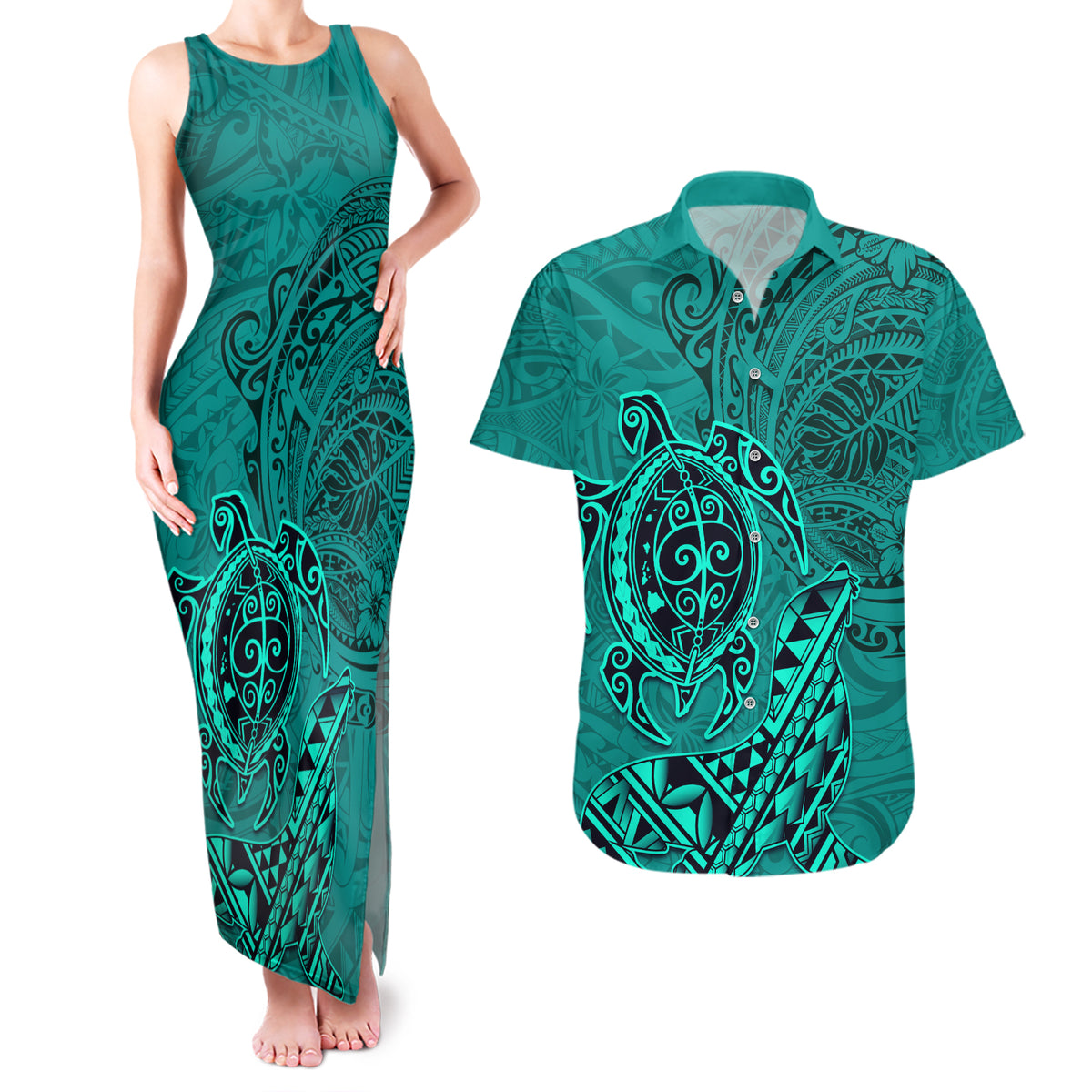Hawaii Monk Seal and Dolphin Couples Matching Tank Maxi Dress and Hawaiian Shirt Polynesian Kakau Pattern Turquoise