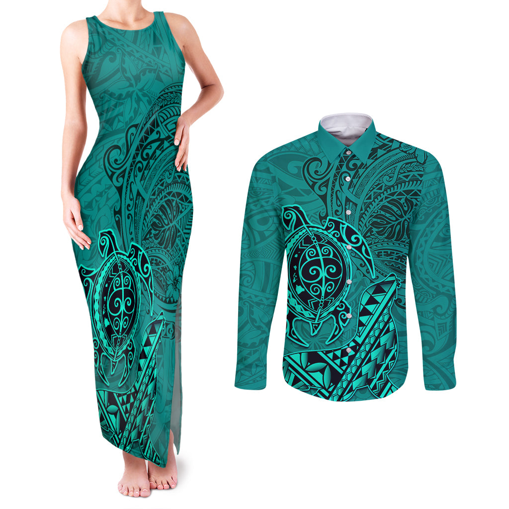 Hawaii Monk Seal and Dolphin Couples Matching Tank Maxi Dress and Long Sleeve Button Shirt Polynesian Kakau Pattern Turquoise LT03 Turquoise - Polynesian Pride