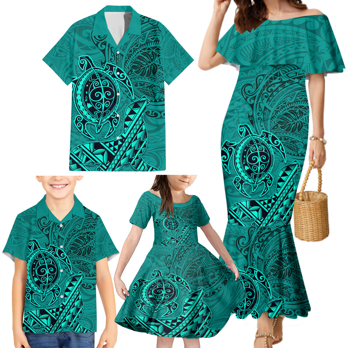 Hawaii Monk Seal and Dolphin Family Matching Mermaid Dress and Hawaiian Shirt Polynesian Kakau Pattern Turquoise LT03 - Polynesian Pride