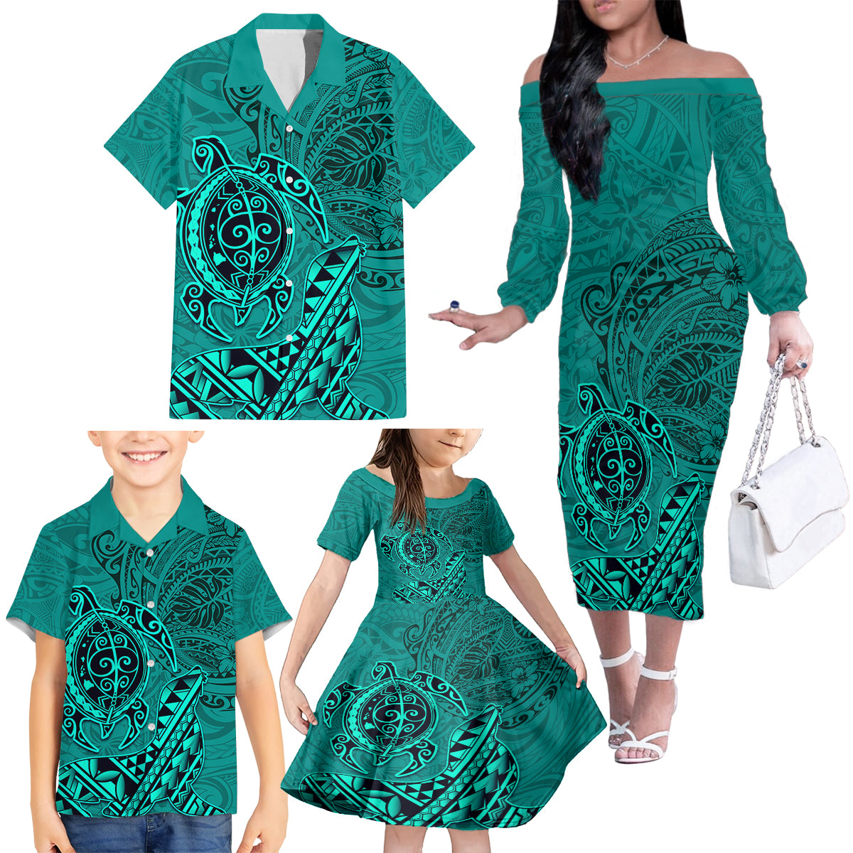 Hawaii Monk Seal and Dolphin Family Matching Off The Shoulder Long Sleeve Dress and Hawaiian Shirt Polynesian Kakau Pattern Turquoise