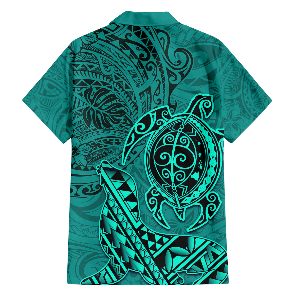 Hawaii Monk Seal and Dolphin Family Matching Off The Shoulder Long Sleeve Dress and Hawaiian Shirt Polynesian Kakau Pattern Turquoise