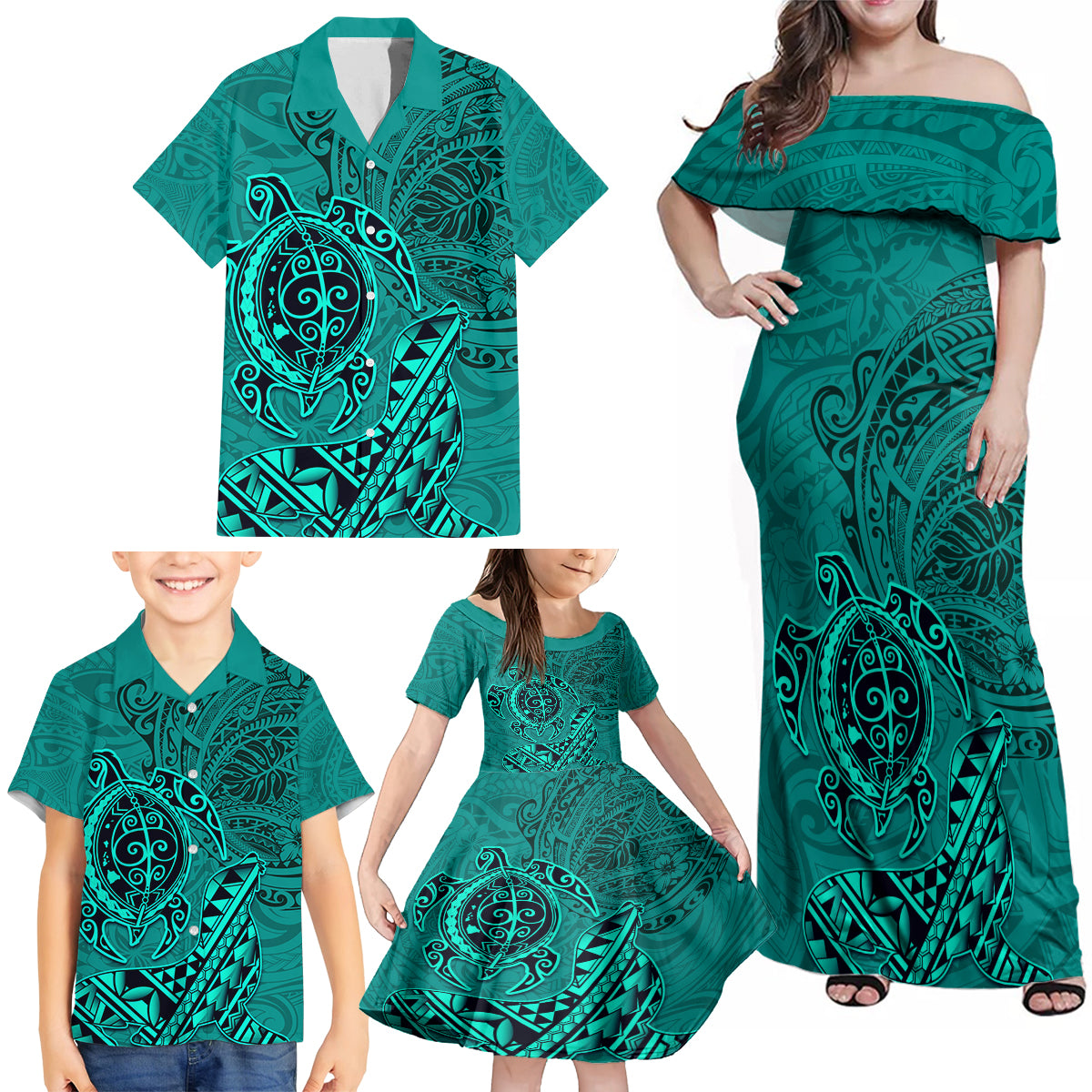 Hawaii Monk Seal and Dolphin Family Matching Off Shoulder Maxi Dress and Hawaiian Shirt Polynesian Kakau Pattern Turquoise