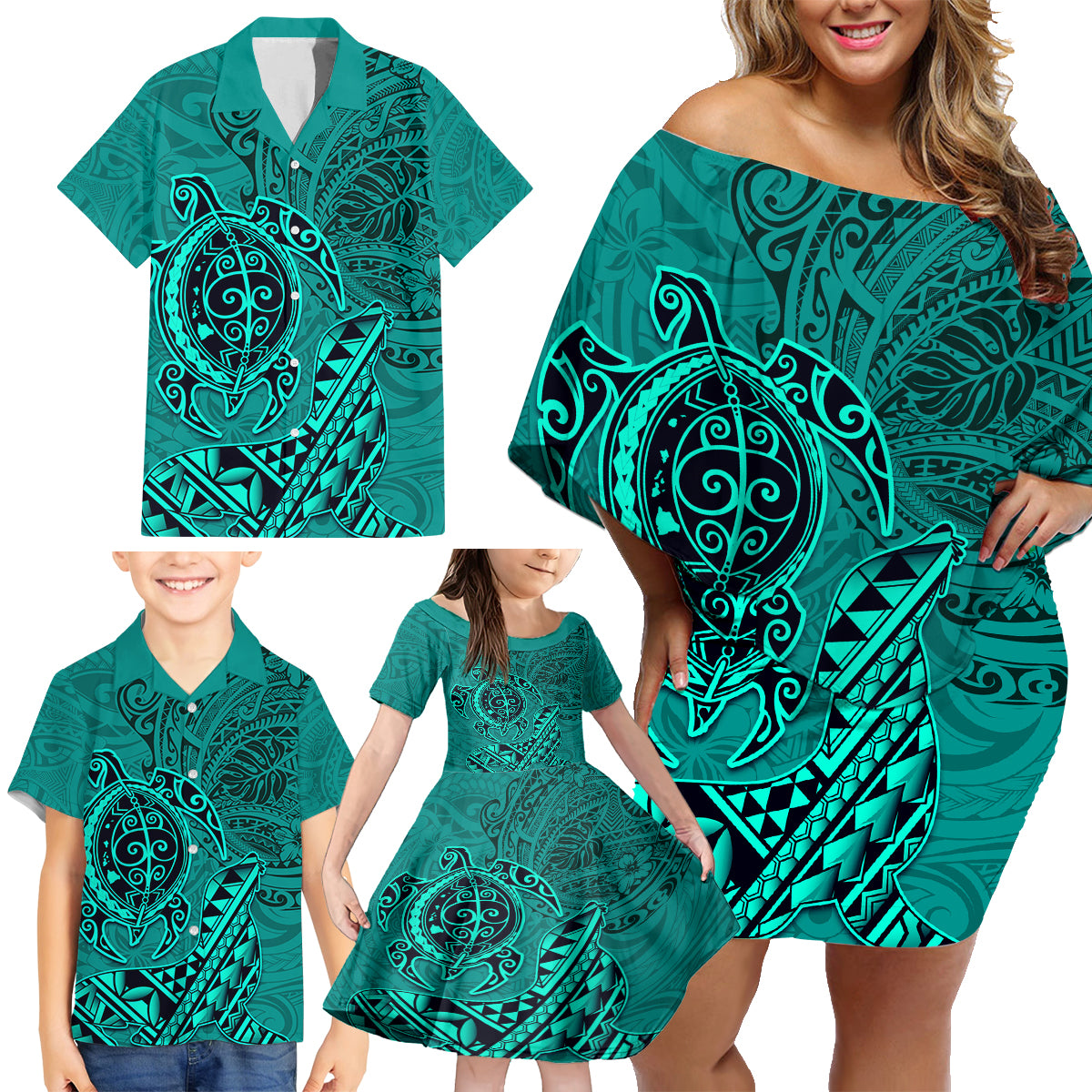 Hawaii Monk Seal and Dolphin Family Matching Off Shoulder Short Dress and Hawaiian Shirt Polynesian Kakau Pattern Turquoise LT03 - Polynesian Pride