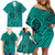 Hawaii Monk Seal and Dolphin Family Matching Off Shoulder Short Dress and Hawaiian Shirt Polynesian Kakau Pattern Turquoise