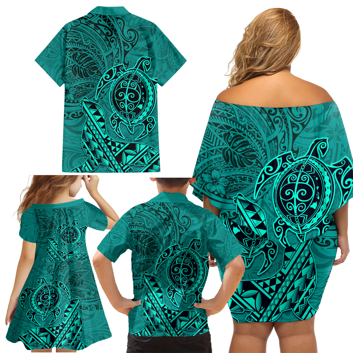 Hawaii Monk Seal and Dolphin Family Matching Off Shoulder Short Dress and Hawaiian Shirt Polynesian Kakau Pattern Turquoise LT03 - Polynesian Pride