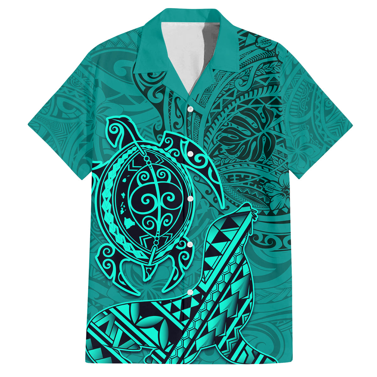 Hawaii Monk Seal and Dolphin Family Matching Off Shoulder Short Dress and Hawaiian Shirt Polynesian Kakau Pattern Turquoise LT03 Dad's Shirt - Short Sleeve Turquoise - Polynesian Pride