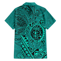 Hawaii Monk Seal and Dolphin Family Matching Off Shoulder Short Dress and Hawaiian Shirt Polynesian Kakau Pattern Turquoise LT03 - Polynesian Pride
