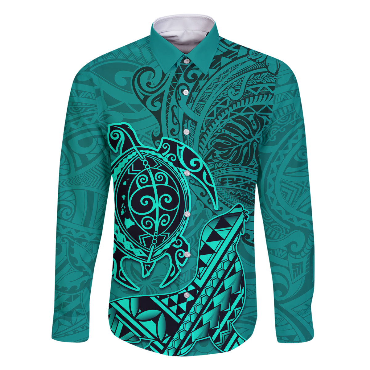 Hawaii Monk Seal and Dolphin Family Matching Off Shoulder Short Dress and Hawaiian Shirt Polynesian Kakau Pattern Turquoise LT03 Dad's Shirt - Long Sleeve Turquoise - Polynesian Pride