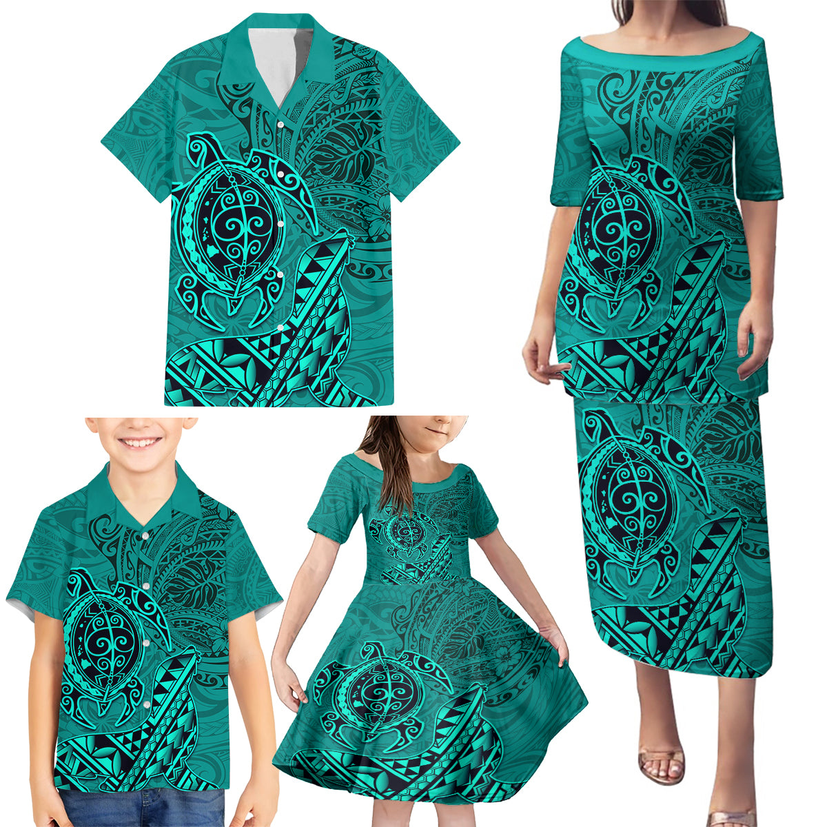 Hawaii Monk Seal and Dolphin Family Matching Puletasi and Hawaiian Shirt Polynesian Kakau Pattern Turquoise