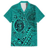 Hawaii Monk Seal and Dolphin Family Matching Puletasi and Hawaiian Shirt Polynesian Kakau Pattern Turquoise LT03 Dad's Shirt - Short Sleeve Turquoise - Polynesian Pride