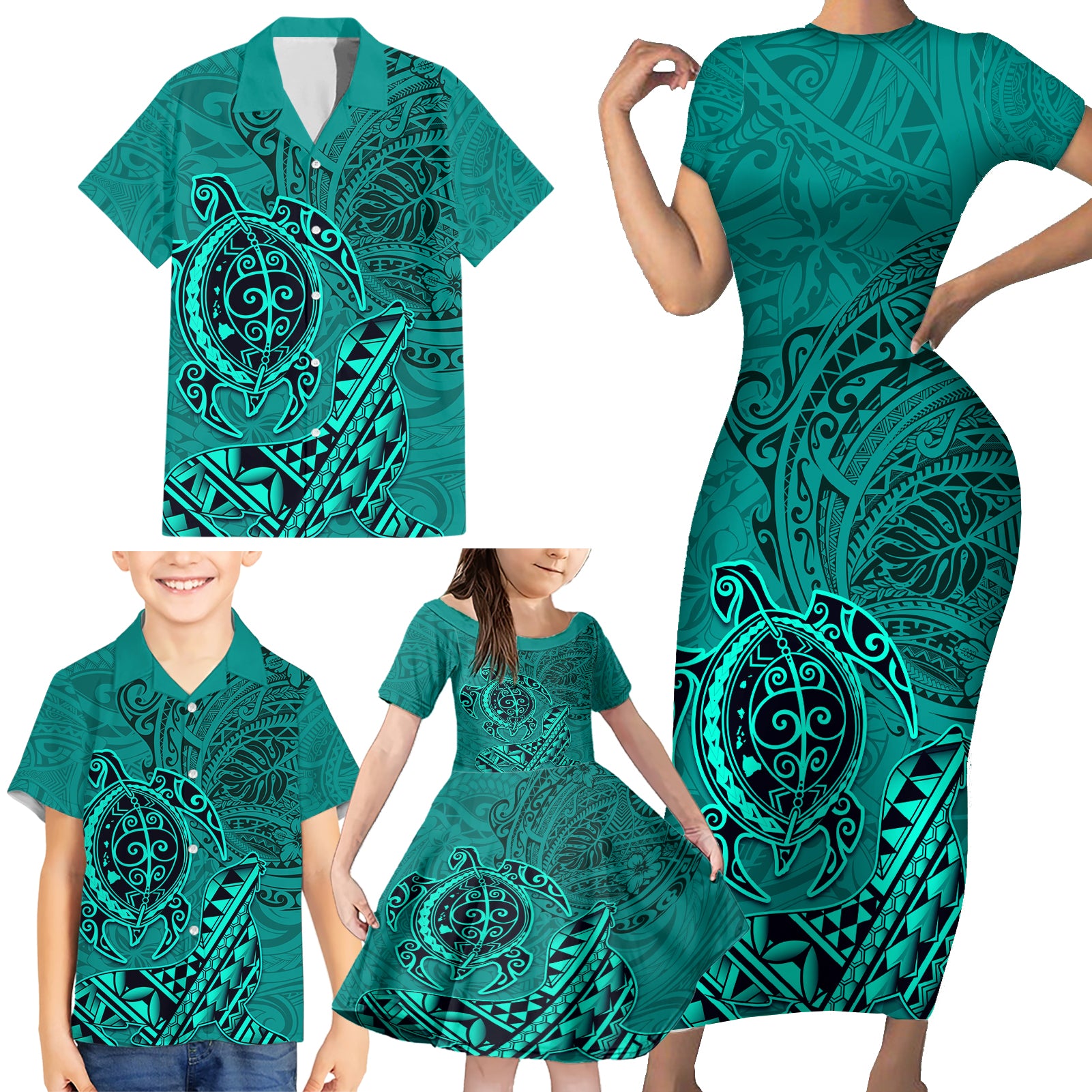 Hawaii Monk Seal and Dolphin Family Matching Short Sleeve Bodycon Dress and Hawaiian Shirt Polynesian Kakau Pattern Turquoise