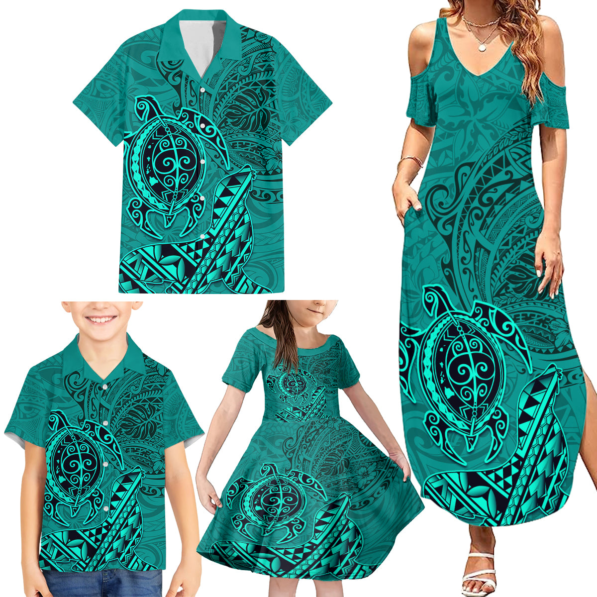 Hawaii Monk Seal and Dolphin Family Matching Summer Maxi Dress and Hawaiian Shirt Polynesian Kakau Pattern Turquoise LT03 - Polynesian Pride