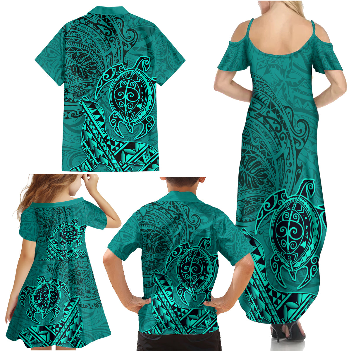 Hawaii Monk Seal and Dolphin Family Matching Summer Maxi Dress and Hawaiian Shirt Polynesian Kakau Pattern Turquoise LT03 - Polynesian Pride