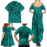 Hawaii Monk Seal and Dolphin Family Matching Summer Maxi Dress and Hawaiian Shirt Polynesian Kakau Pattern Turquoise LT03 - Polynesian Pride