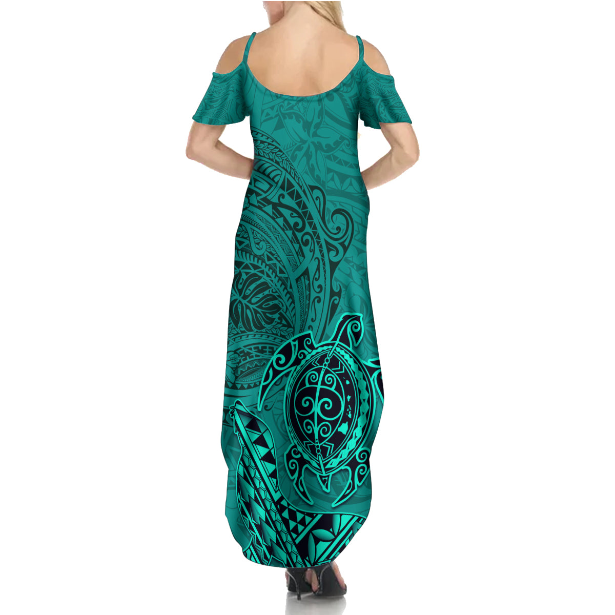Hawaii Monk Seal and Dolphin Family Matching Summer Maxi Dress and Hawaiian Shirt Polynesian Kakau Pattern Turquoise LT03 - Polynesian Pride