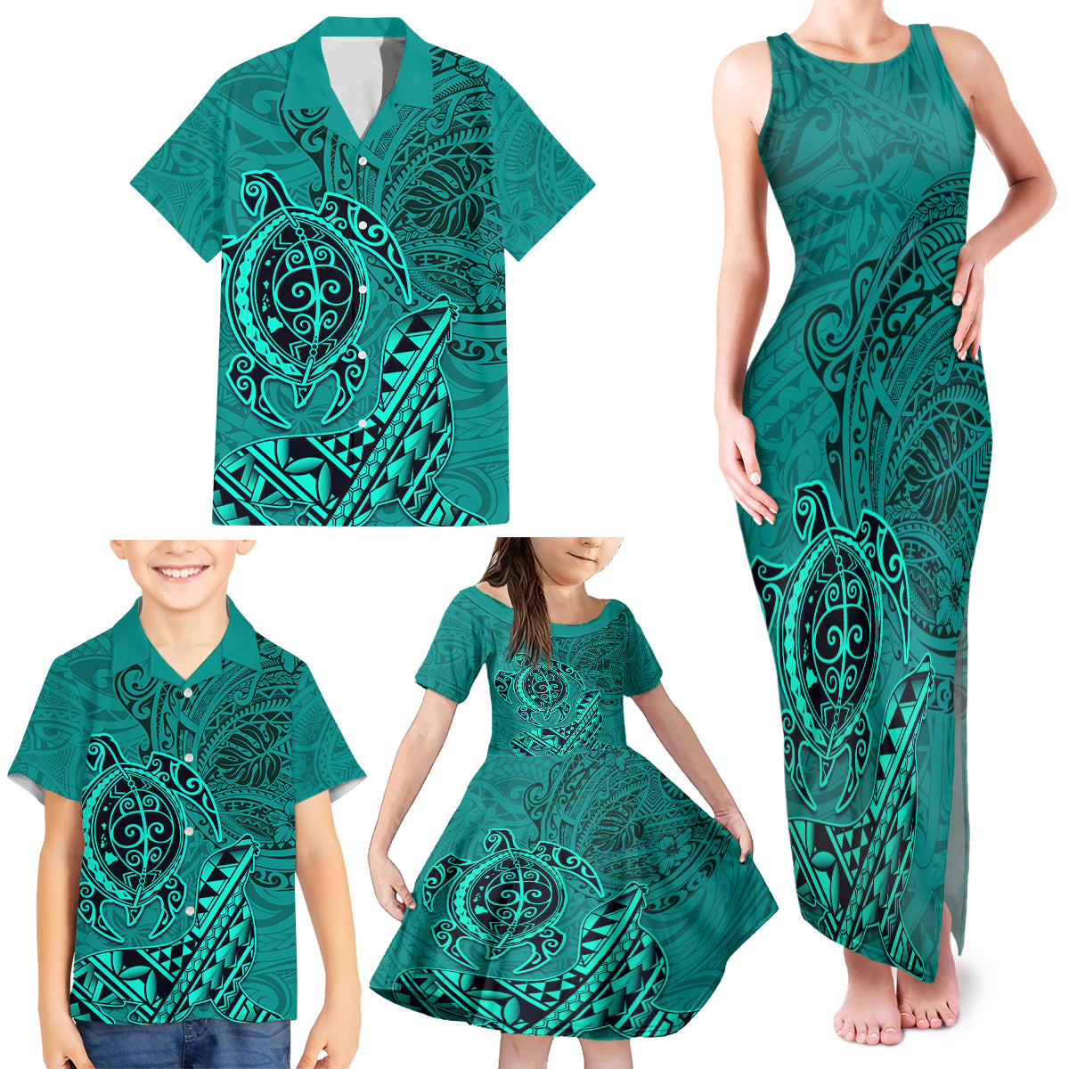 Hawaii Monk Seal and Dolphin Family Matching Tank Maxi Dress and Hawaiian Shirt Polynesian Kakau Pattern Turquoise LT03 - Polynesian Pride