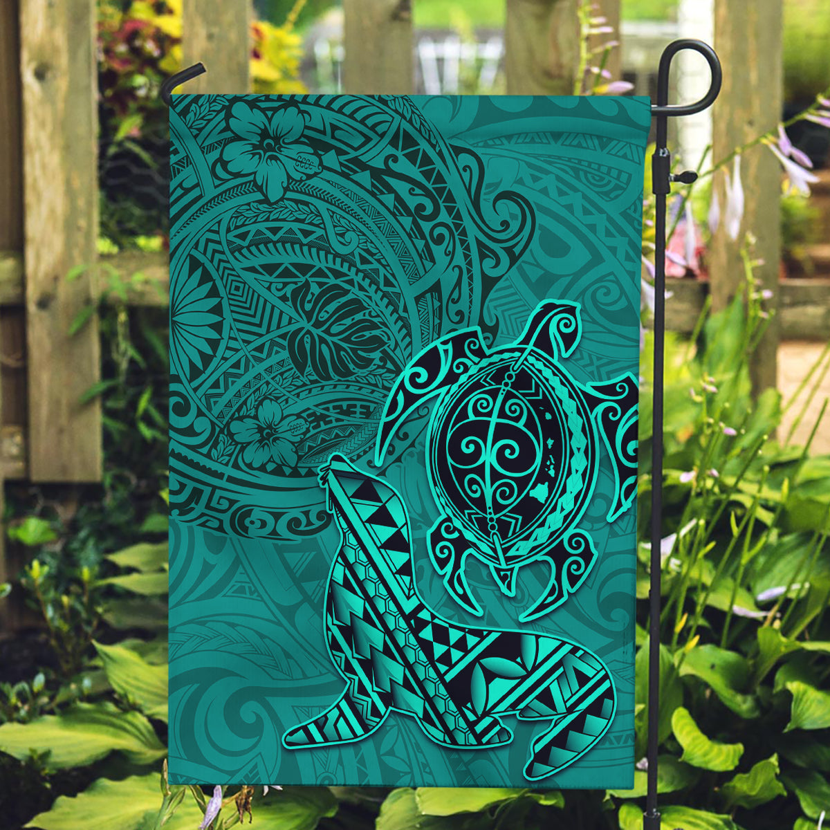 Hawaii Monk Seal and Dolphin Garden Flag Polynesian Kakau Pattern Turquoise LT03 Garden Flag Turquoise - Polynesian Pride