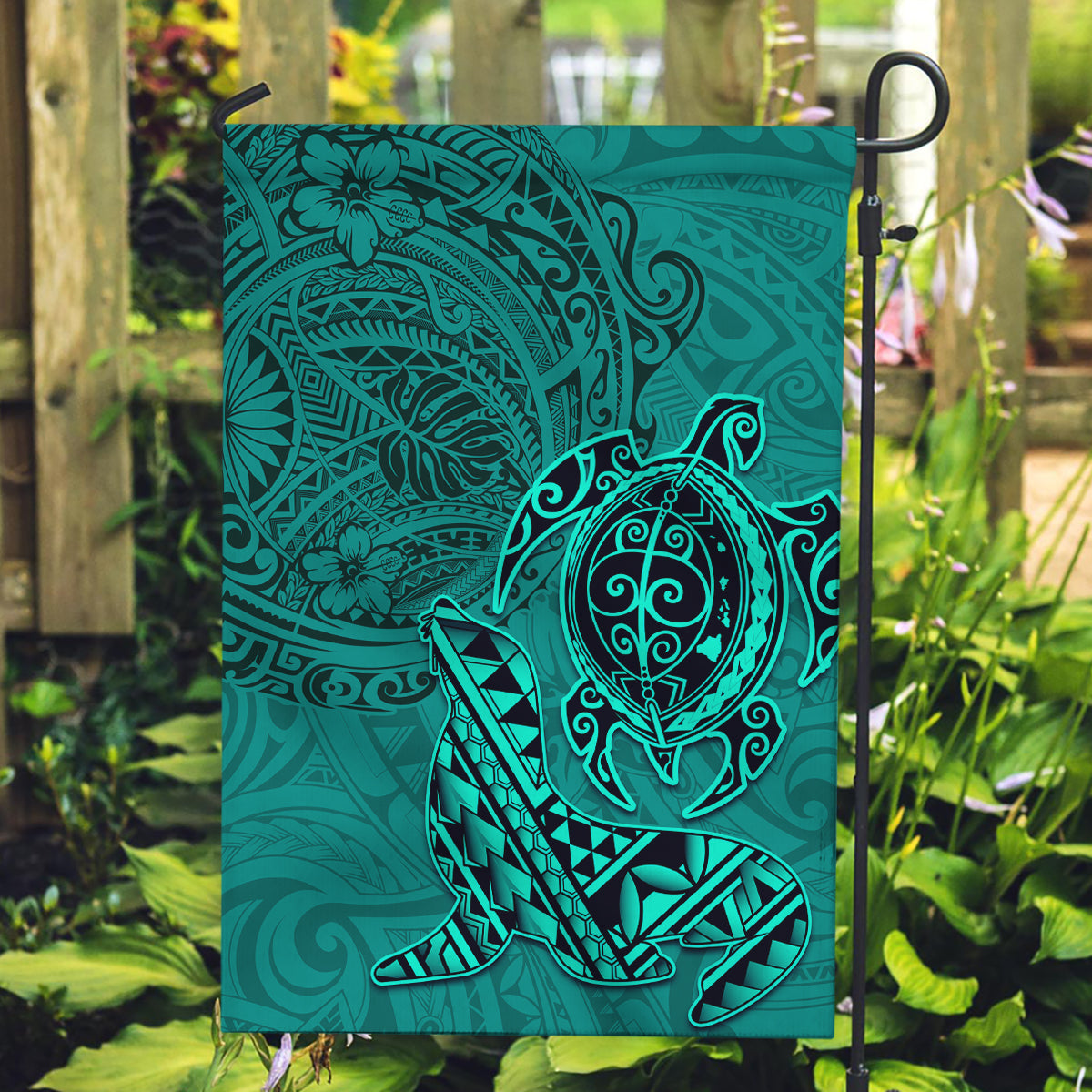 Hawaii Monk Seal and Dolphin Garden Flag Polynesian Kakau Pattern Turquoise