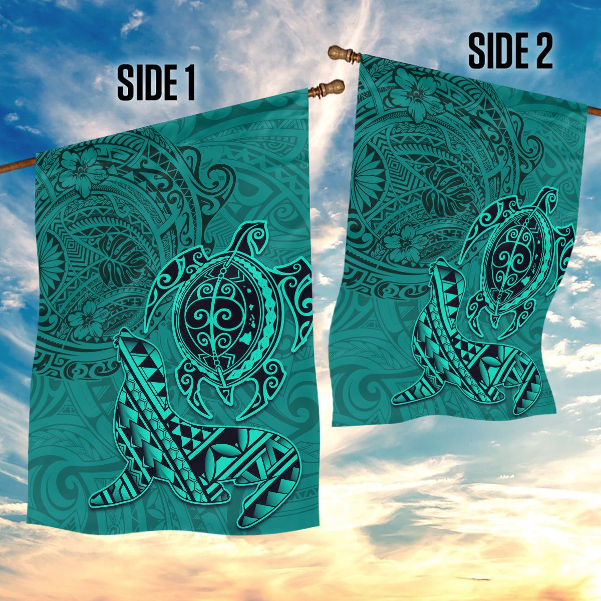 Hawaii Monk Seal and Dolphin Garden Flag Polynesian Kakau Pattern Turquoise LT03 - Polynesian Pride