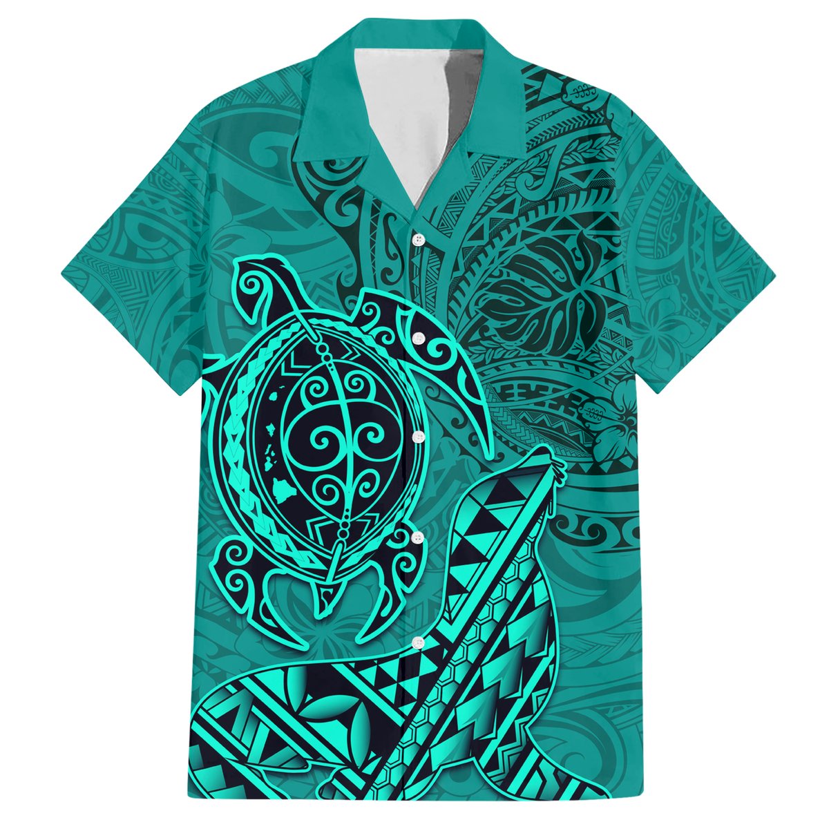 Hawaii Monk Seal and Dolphin Hawaiian Shirt Polynesian Kakau Pattern Turquoise LT03 Turquoise - Polynesian Pride