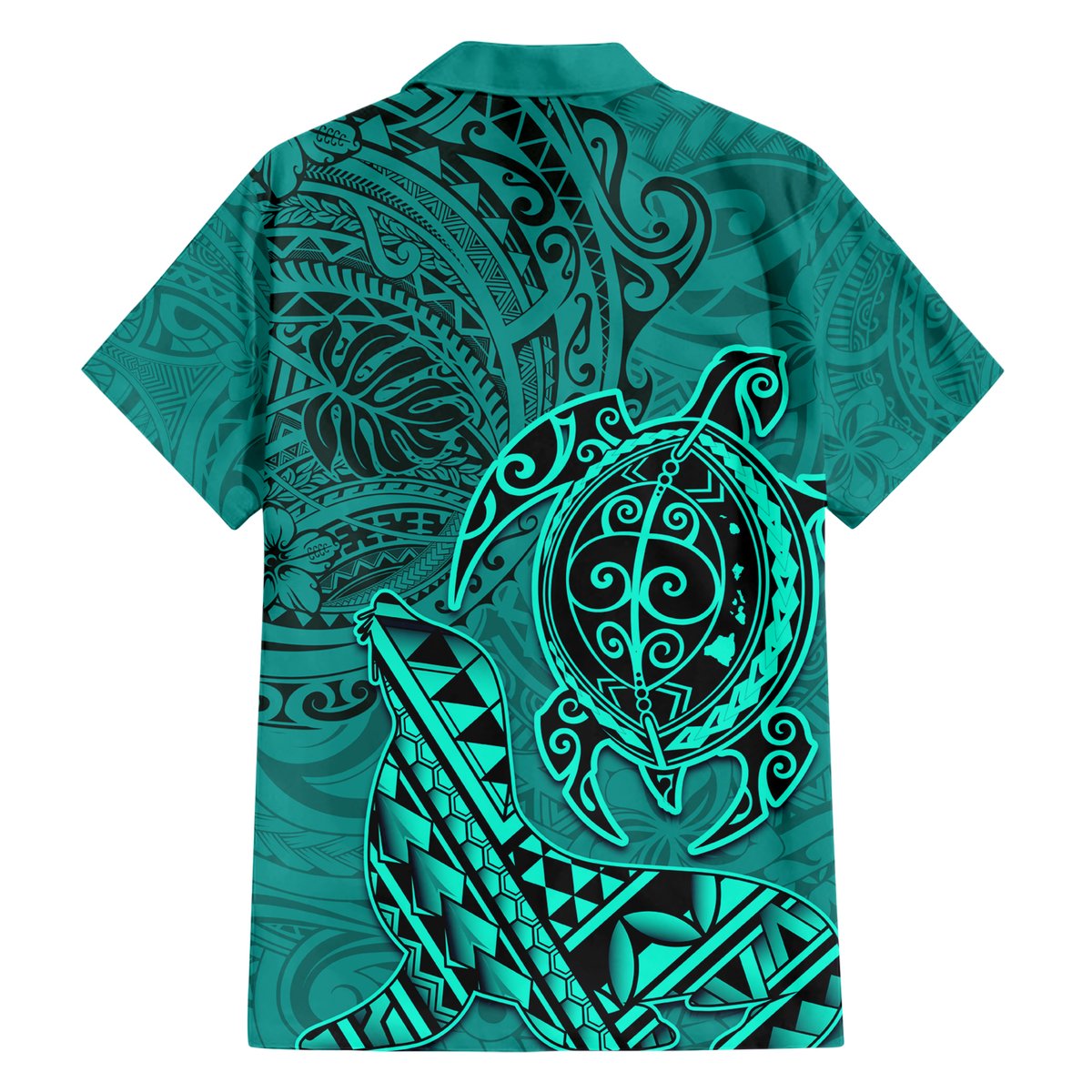 Hawaii Monk Seal and Dolphin Hawaiian Shirt Polynesian Kakau Pattern Turquoise LT03 - Polynesian Pride