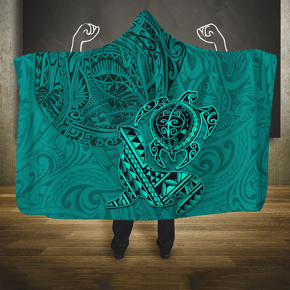 Hawaii Monk Seal and Dolphin Hooded Blanket Polynesian Kakau Pattern Turquoise LT03 One Size Turquoise - Polynesian Pride