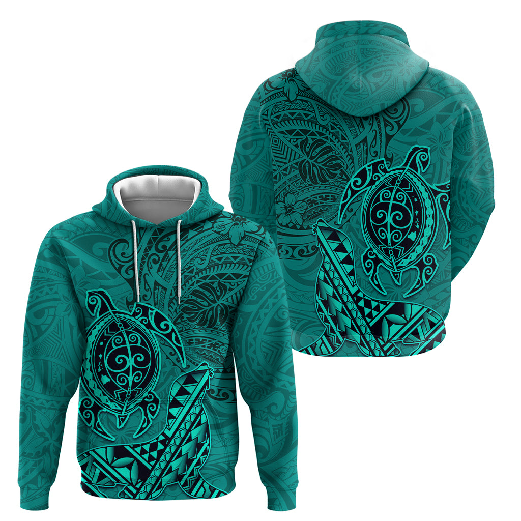 Hawaii Monk Seal and Dolphin Hoodie Polynesian Kakau Pattern Turquoise