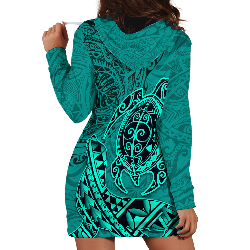 Hawaii Monk Seal and Dolphin Hoodie Dress Polynesian Kakau Pattern Turquoise LT03 - Polynesian Pride