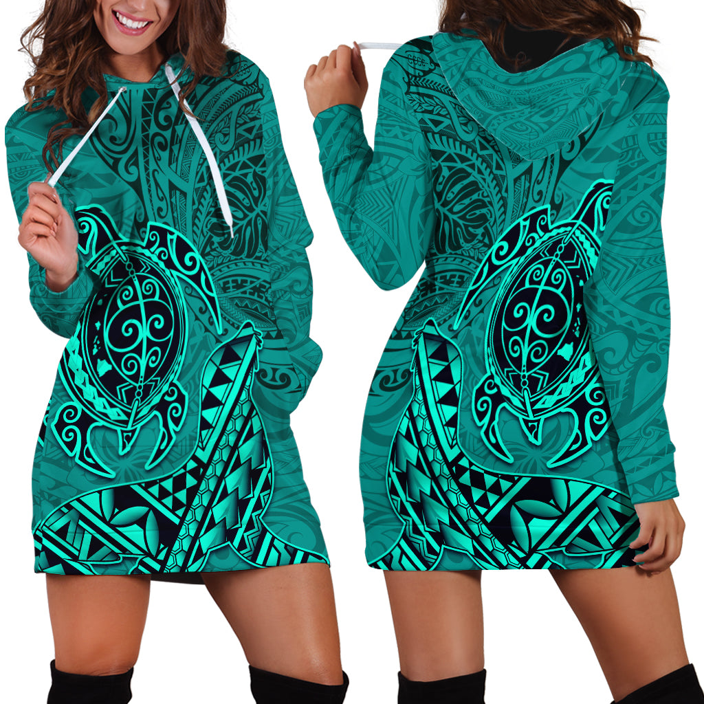 Hawaii Monk Seal and Dolphin Hoodie Dress Polynesian Kakau Pattern Turquoise LT03 - Polynesian Pride
