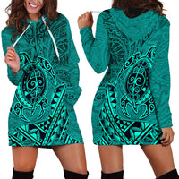 Hawaii Monk Seal and Dolphin Hoodie Dress Polynesian Kakau Pattern Turquoise LT03 - Polynesian Pride