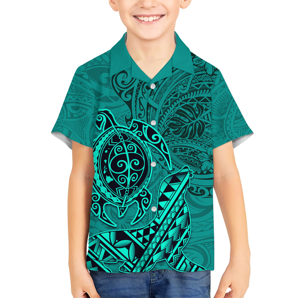Hawaii Monk Seal and Dolphin Kid Hawaiian Shirt Polynesian Kakau Pattern Turquoise