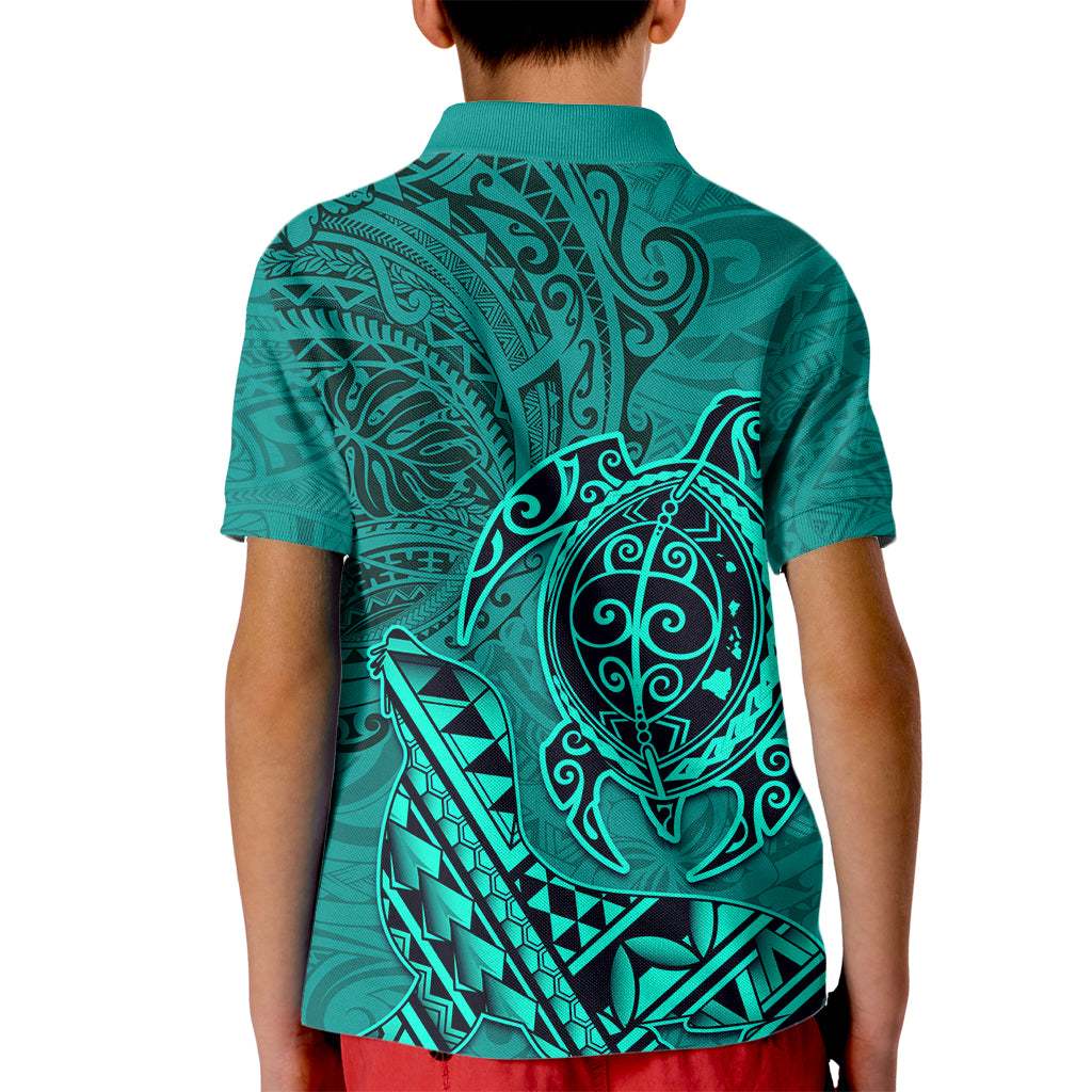 Hawaii Monk Seal and Dolphin Kid Polo Shirt Polynesian Kakau Pattern Turquoise