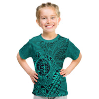 Hawaii Monk Seal and Dolphin Kid T Shirt Polynesian Kakau Pattern Turquoise