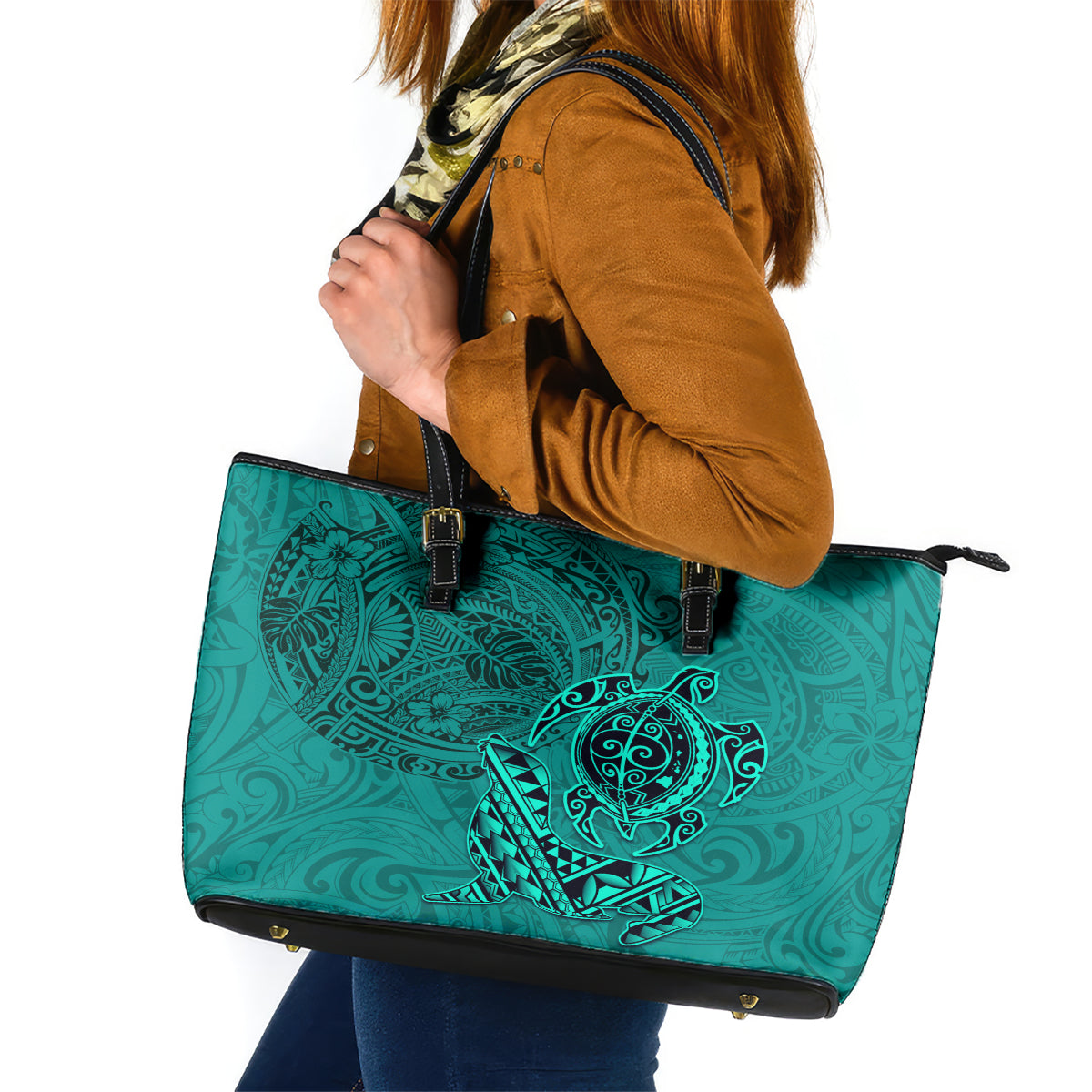 Hawaii Monk Seal and Dolphin Leather Tote Bag Polynesian Kakau Pattern Turquoise LT03 Turquoise - Polynesian Pride